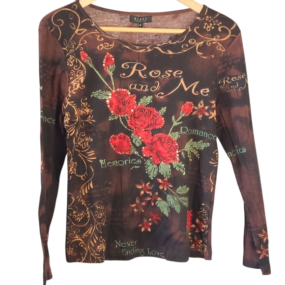Nwt Nikky Collection Tee Long Sleeve Street Roses Skater Brown Red M - Picture 1 of 4